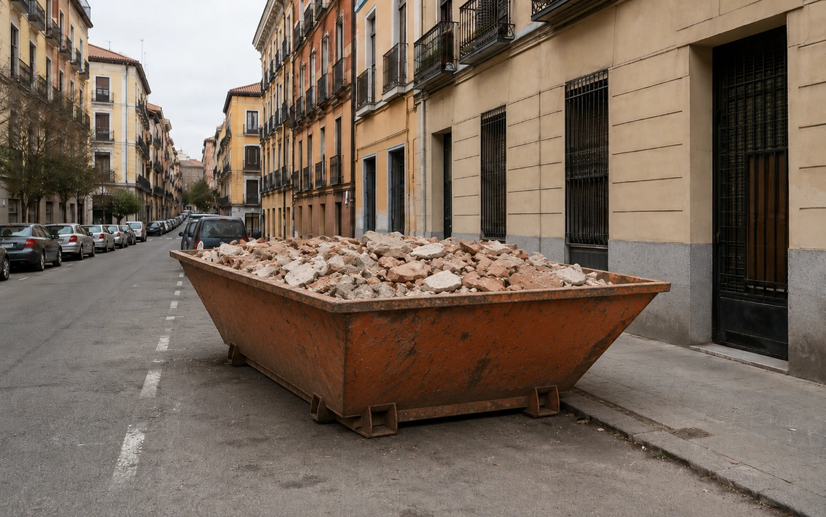 Contenedor de obra viejo y oxidado bloqueando la vía pública